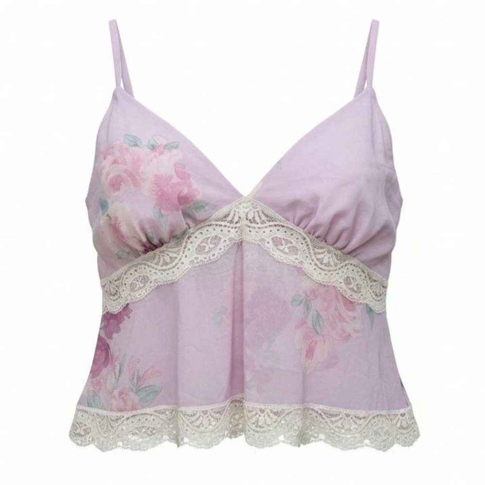 Fairy Wild Fable Floral Babydoll Top Cami Large Lace Trim Dainty Whimsical Crop